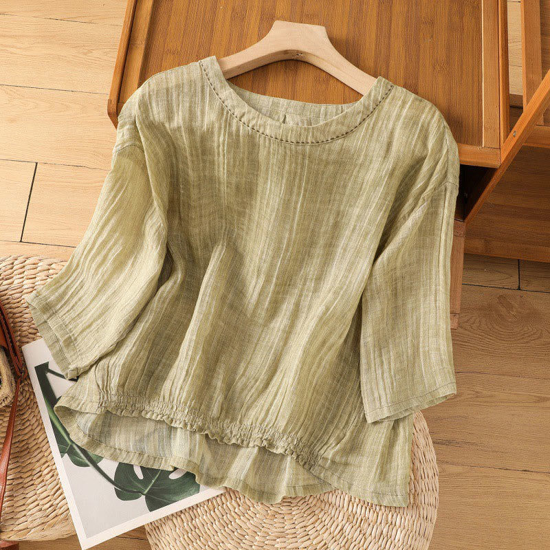 Maglietta da donna in cotone e lino con maniche a tre quarti, casual, estiva, stile Buddha Stones, girocollo e tinta unita - DarkKhaki - US14, UK/AU18, EU46 (2XL) - image 0