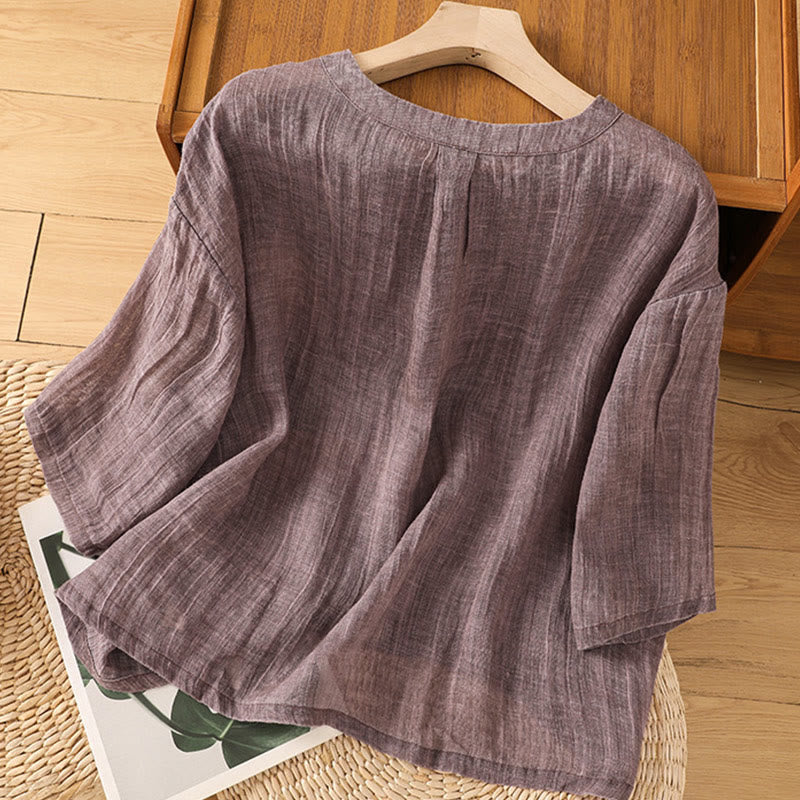 Maglietta da donna in cotone e lino con maniche a tre quarti, casual, estiva, stile Buddha Stones, girocollo e tinta unita - image 9