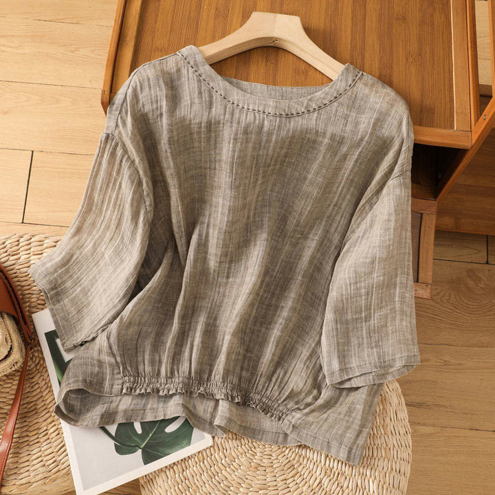 Maglietta da donna in cotone e lino con maniche a tre quarti, casual, estiva, stile Buddha Stones, girocollo e tinta unita - Abbronzatura - US14, UK/AU18, EU46 (2XL) - image 16