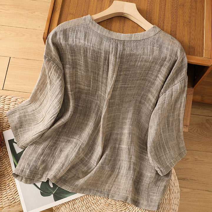 Maglietta da donna in cotone e lino con maniche a tre quarti, casual, estiva, stile Buddha Stones, girocollo e tinta unita - image 17