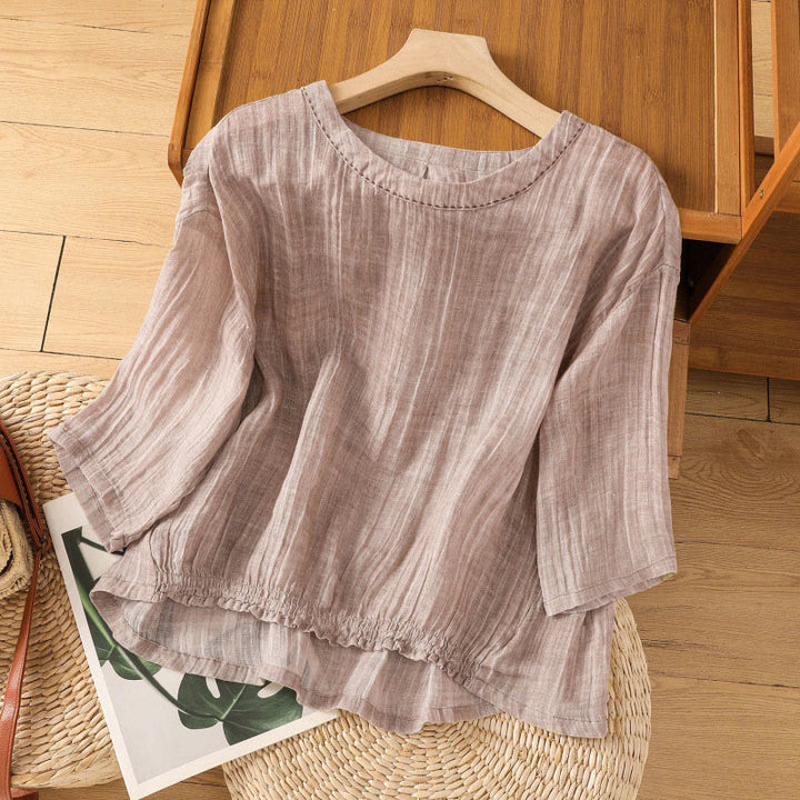 Maglietta da donna in cotone e lino con maniche a tre quarti, casual, estiva, stile Buddha Stones, girocollo e tinta unita - image 25