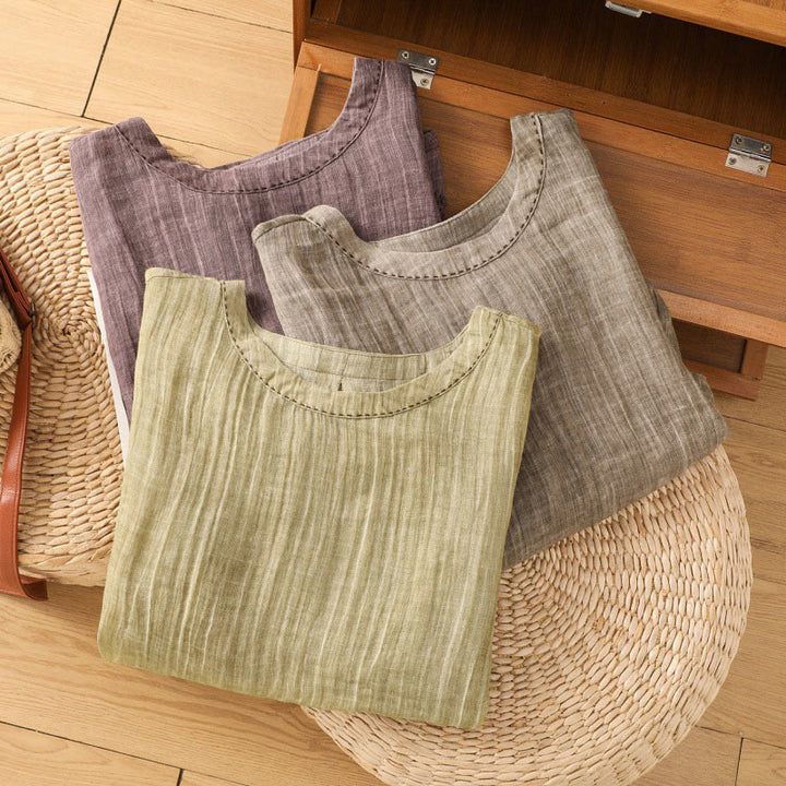 Maglietta da donna in cotone e lino con maniche a tre quarti, casual, estiva, stile Buddha Stones, girocollo e tinta unita - image 29