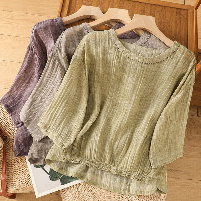 Maglietta da donna in cotone e lino con maniche a tre quarti, casual, estiva, stile Buddha Stones, girocollo e tinta unita - image 30