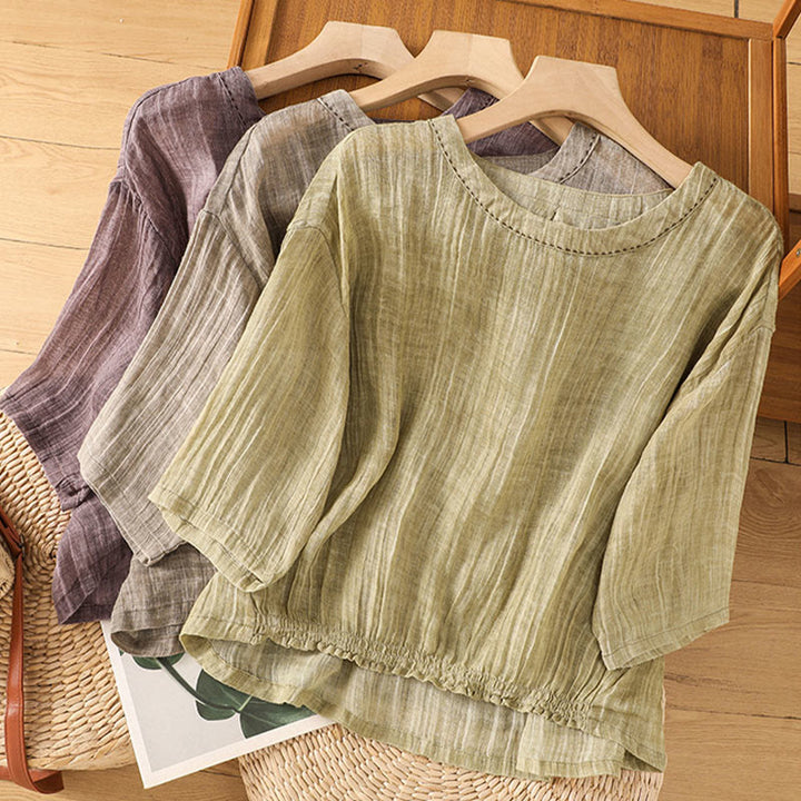 Maglietta da donna in cotone e lino con maniche a tre quarti, casual, estiva, stile Buddha Stones, girocollo e tinta unita - image 30