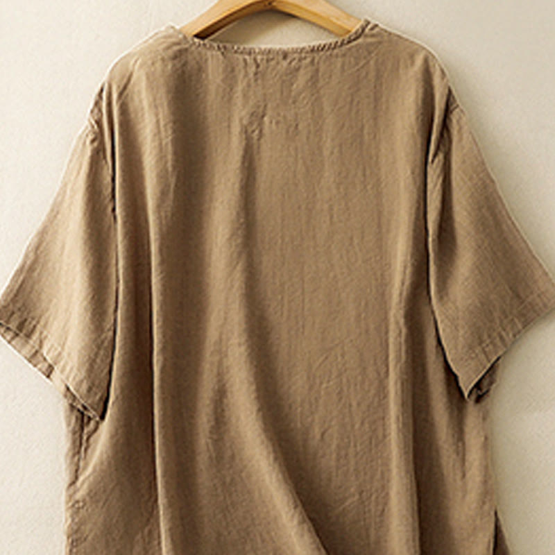 Maglietta da donna in cotone a maniche corte con scollo rotondo, casual ed estiva, con Buddha Stones e ricamo