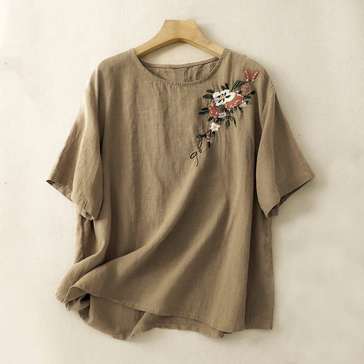 Maglietta da donna in cotone a maniche corte con scollo rotondo, casual ed estiva, con Buddha Stones e ricamo