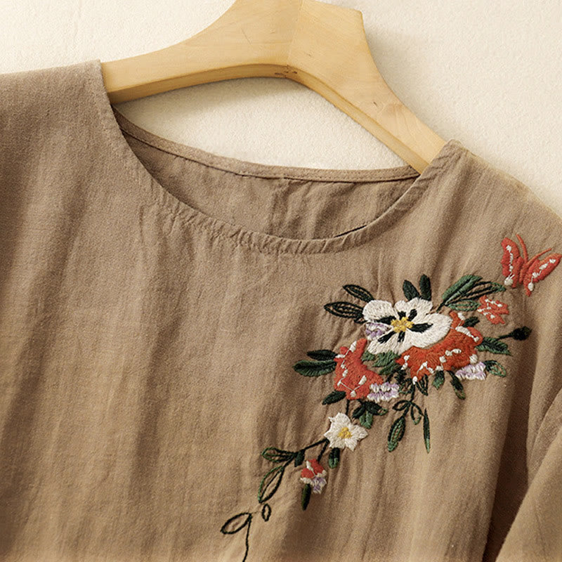 Maglietta da donna in cotone a maniche corte con scollo rotondo, casual ed estiva, con Buddha Stones e ricamo