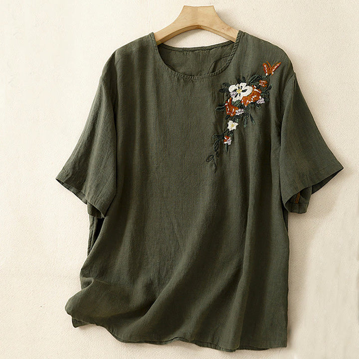 Maglietta da donna in cotone a maniche corte con scollo rotondo, casual ed estiva, con Buddha Stones e ricamo