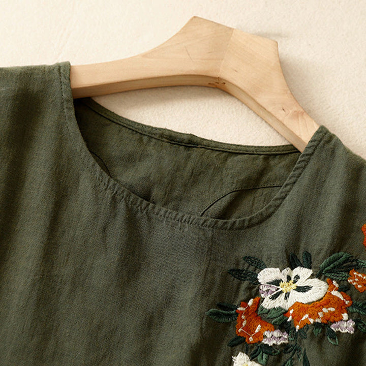 Maglietta da donna in cotone a maniche corte con scollo rotondo, casual ed estiva, con Buddha Stones e ricamo