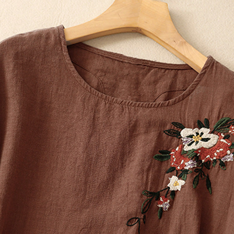 Maglietta da donna in cotone a maniche corte con scollo rotondo, casual ed estiva, con Buddha Stones e ricamo