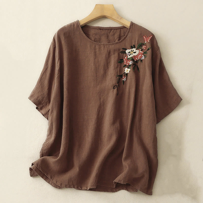 Maglietta da donna in cotone a maniche corte con scollo rotondo, casual ed estiva, con Buddha Stones e ricamo