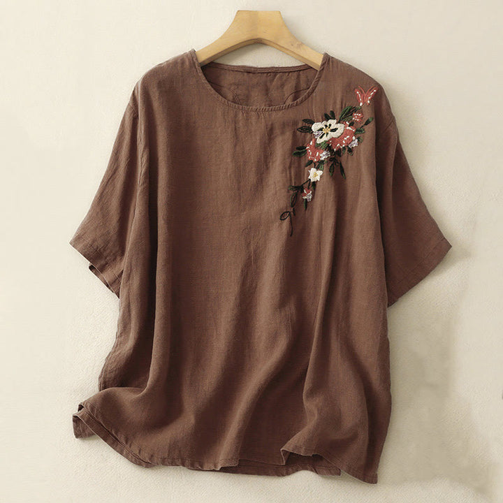 Maglietta da donna in cotone a maniche corte con scollo rotondo, casual ed estiva, con Buddha Stones e ricamo