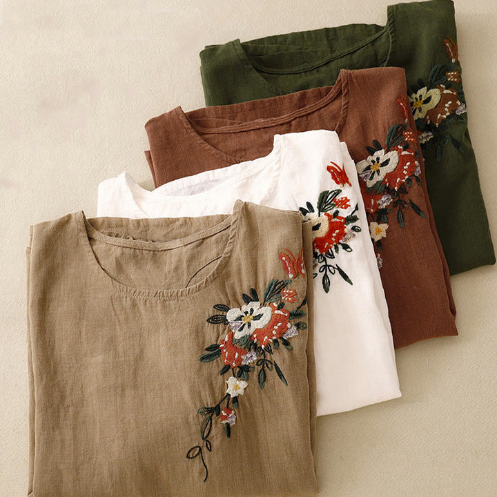 Maglietta da donna in cotone a maniche corte con scollo rotondo, casual ed estiva, con Buddha Stones e ricamo