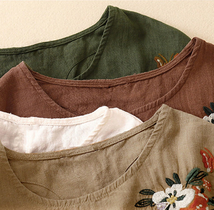 Maglietta da donna in cotone a maniche corte con scollo rotondo, casual ed estiva, con Buddha Stones e ricamo