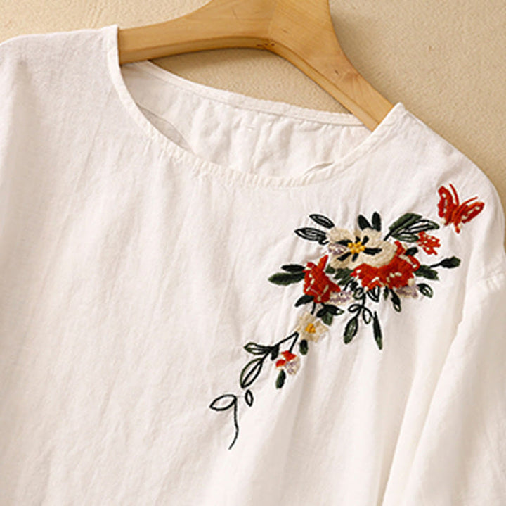 Maglietta da donna in cotone a maniche corte con scollo rotondo, casual ed estiva, con Buddha Stones e ricamo