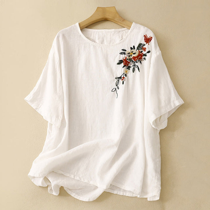 Maglietta da donna in cotone a maniche corte con scollo rotondo, casual ed estiva, con Buddha Stones e ricamo