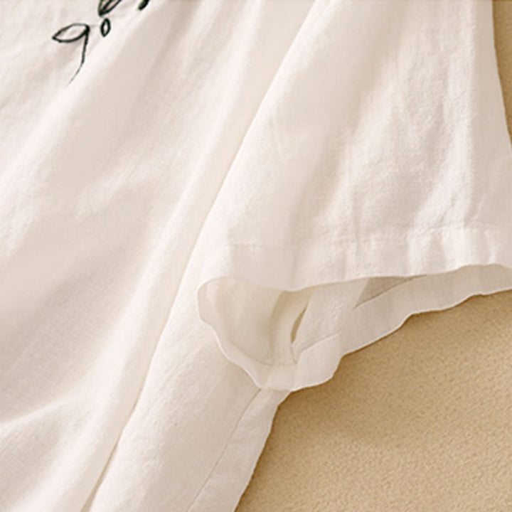 Maglietta da donna in cotone a maniche corte con scollo rotondo, casual ed estiva, con Buddha Stones e ricamo - image 13