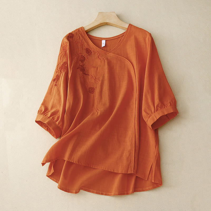 Camicia da donna in cotone e lino con maniche a tre quarti e ricamo a forma di rosa Buddha Stones - Corallo - US12, UK/AU16, EU44 (2XL) - image 7