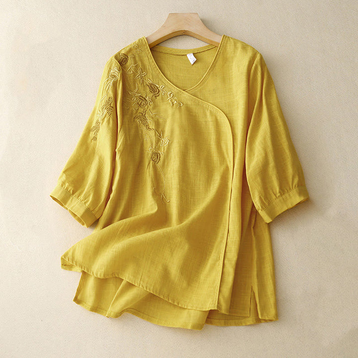 Camicia da donna in cotone e lino con maniche a tre quarti e ricamo a forma di rosa Buddha Stones - Giallo - US12, UK/AU16, EU44 (2XL) - image 11