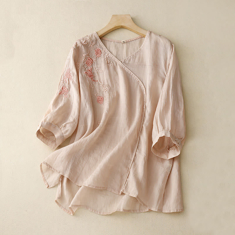 Camicia da donna in cotone e lino con maniche a tre quarti e ricamo a forma di rosa Buddha Stones - LavandaBlush - US12, UK/AU16, EU44 (2XL) - image 0