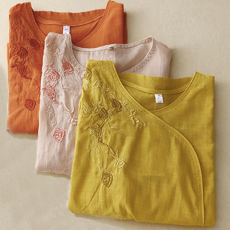 Camicia da donna in cotone e lino con maniche a tre quarti e ricamo a forma di rosa Buddha Stones - image 12