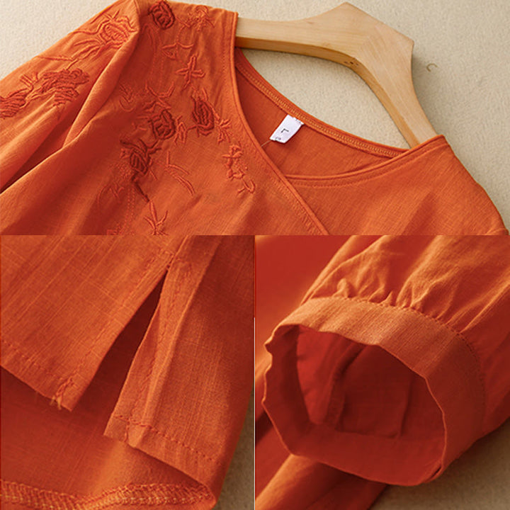 Camicia da donna in cotone e lino con maniche a tre quarti e ricamo a forma di rosa Buddha Stones - image 10