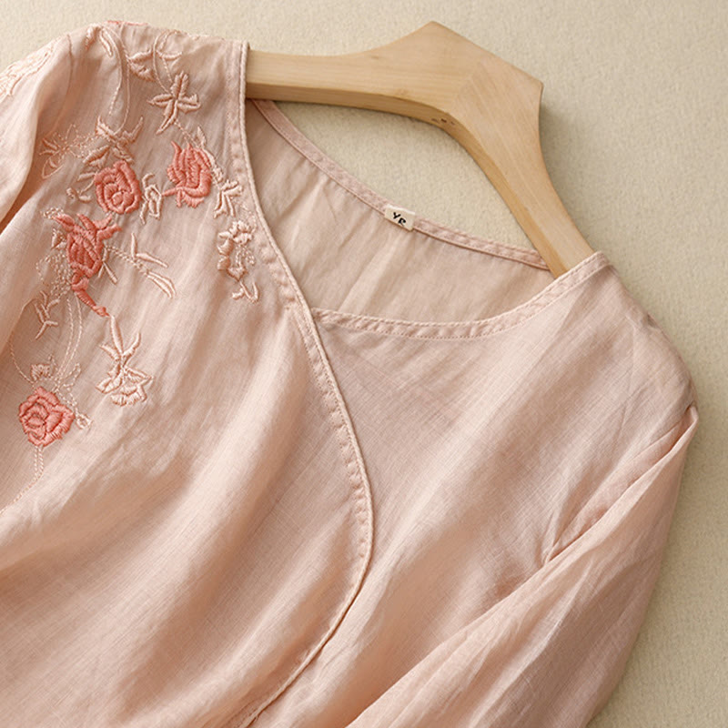 Camicia da donna in cotone e lino con maniche a tre quarti e ricamo a forma di rosa Buddha Stones - image 1