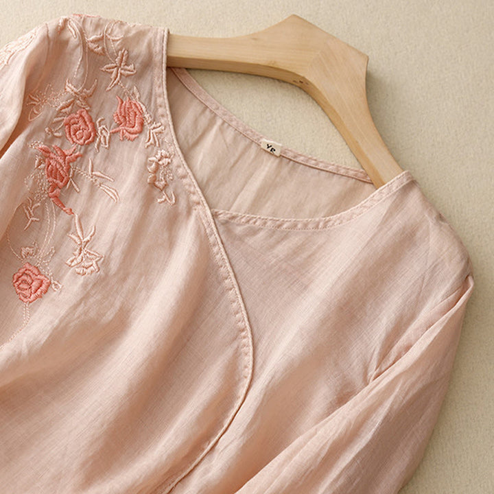 Camicia da donna in cotone e lino con maniche a tre quarti e ricamo a forma di rosa Buddha Stones - image 1