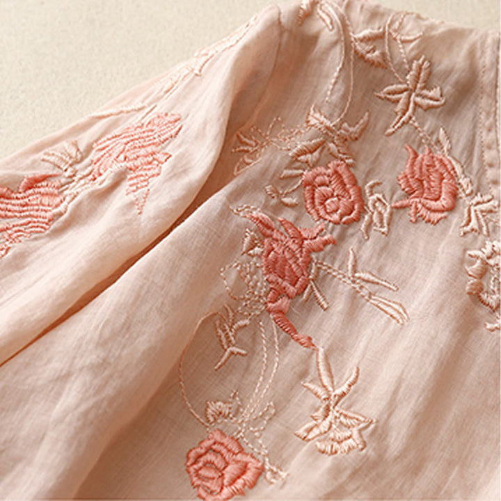 Camicia da donna in cotone e lino con maniche a tre quarti e ricamo a forma di rosa Buddha Stones - image 3