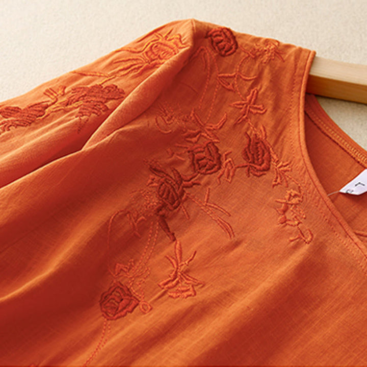 Camicia da donna in cotone e lino con maniche a tre quarti e ricamo a forma di rosa Buddha Stones - image 8