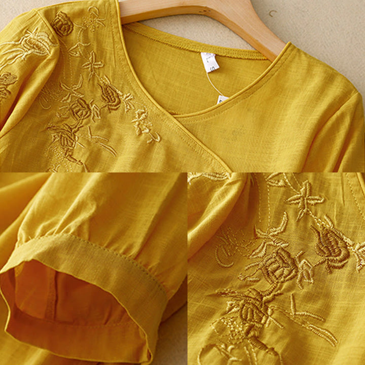 Camicia da donna in cotone e lino con maniche a tre quarti e ricamo a forma di rosa Buddha Stones - image 13