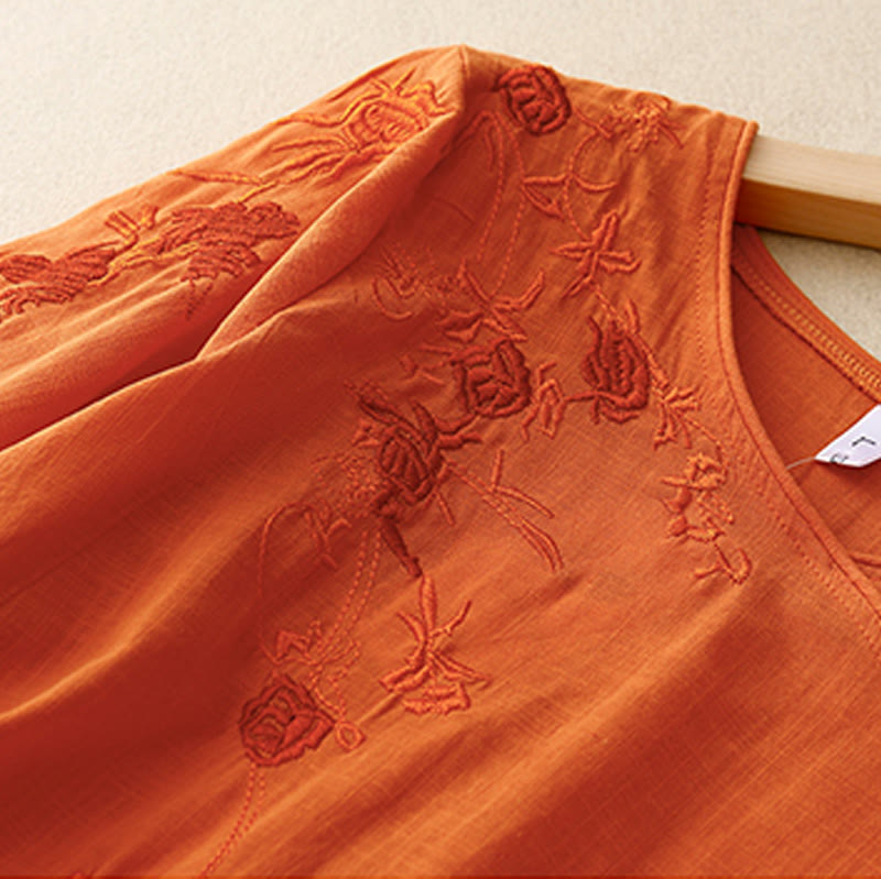 Camicia da donna in cotone e lino con maniche a tre quarti e ricamo a forma di rosa Buddha Stones - image 8