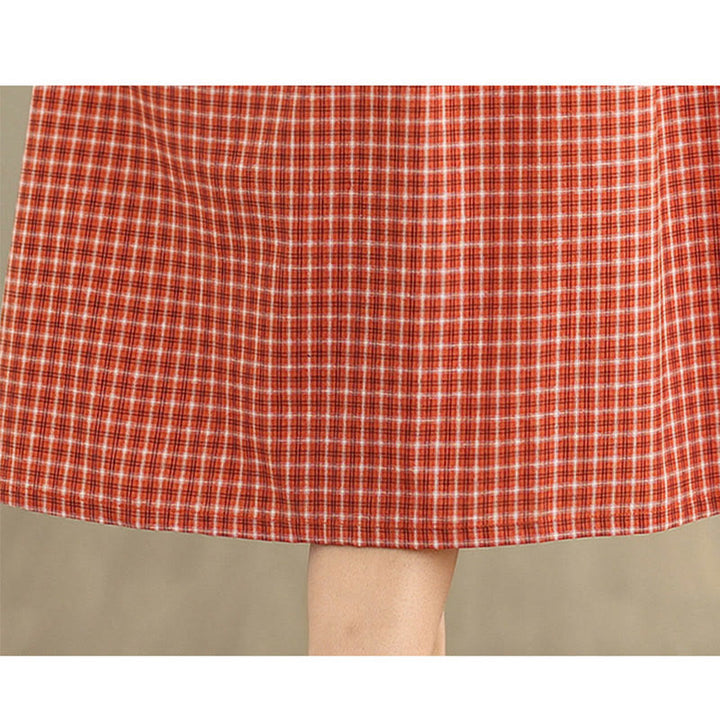 Abito midi in lino e cotone con tasche, a maniche corte, con scollo rotondo, tinta unita e motivo scozzese retrò Buddha Stones - image 9