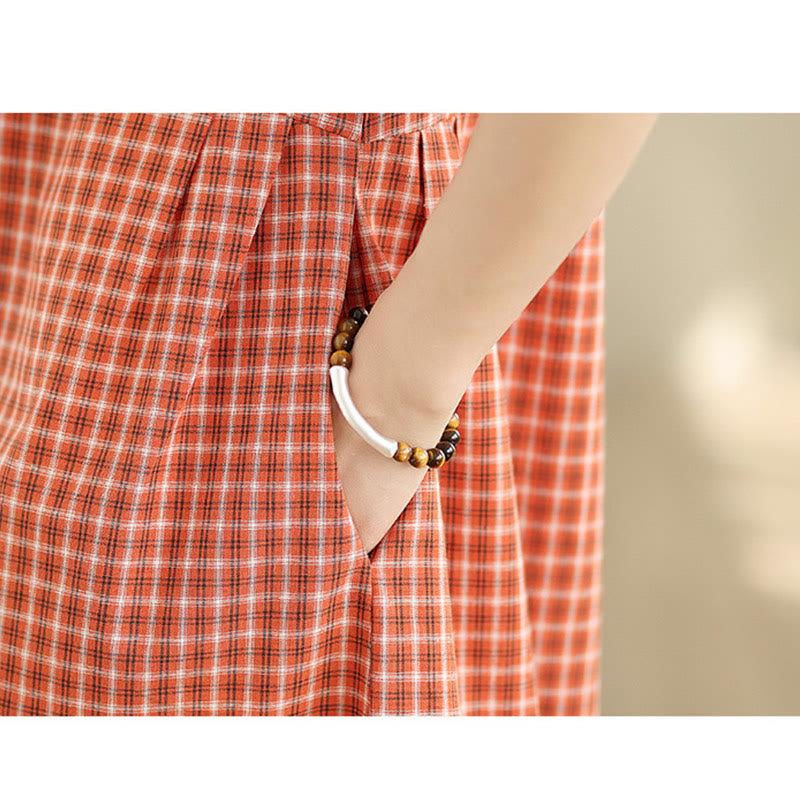 Abito midi in lino e cotone con tasche, a maniche corte, con scollo rotondo, tinta unita e motivo scozzese retrò Buddha Stones - image 8