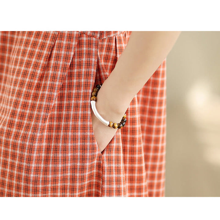 Abito midi in lino e cotone con tasche, a maniche corte, con scollo rotondo, tinta unita e motivo scozzese retrò Buddha Stones - image 8