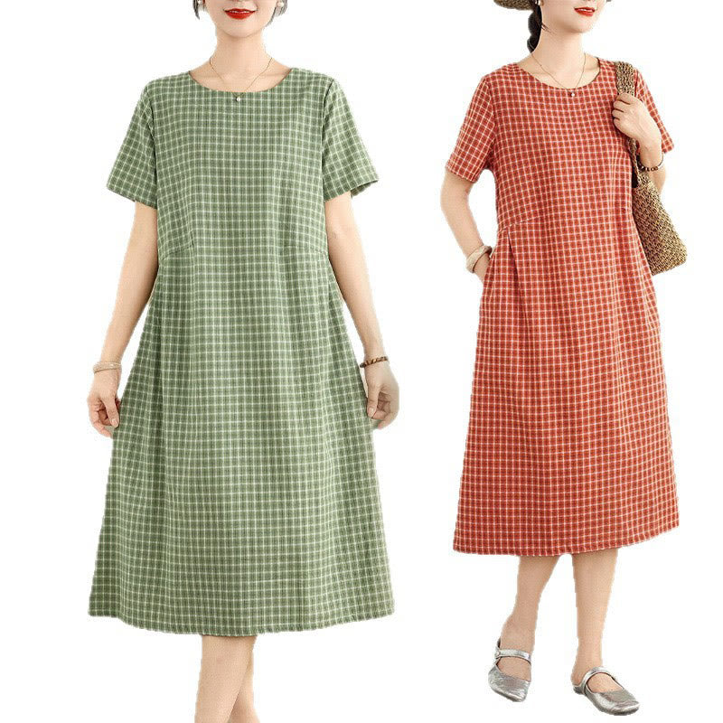 Abito midi in lino e cotone con tasche, a maniche corte, con scollo rotondo, tinta unita e motivo scozzese retrò Buddha Stones - image 17