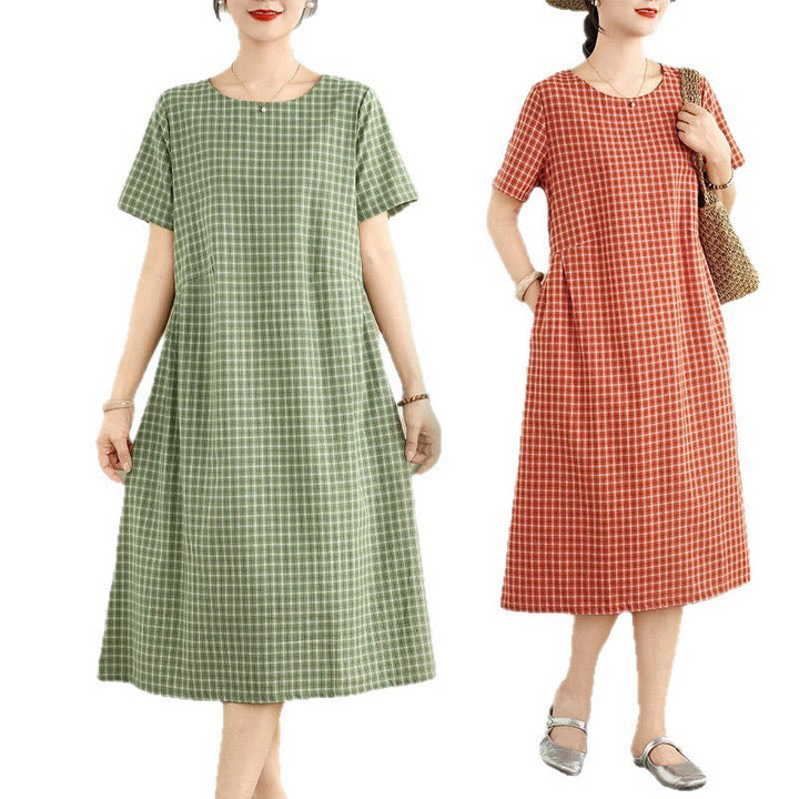 Abito midi in lino e cotone con tasche, a maniche corte, con scollo rotondo, tinta unita e motivo scozzese retrò Buddha Stones - image 17