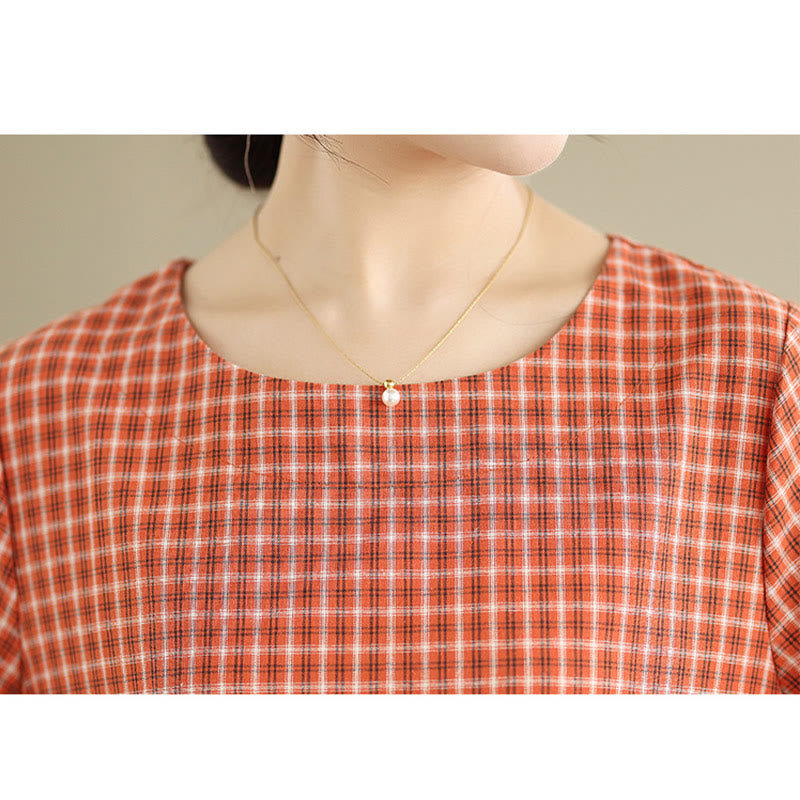 Abito midi in lino e cotone con tasche, a maniche corte, con scollo rotondo, tinta unita e motivo scozzese retrò Buddha Stones - image 7