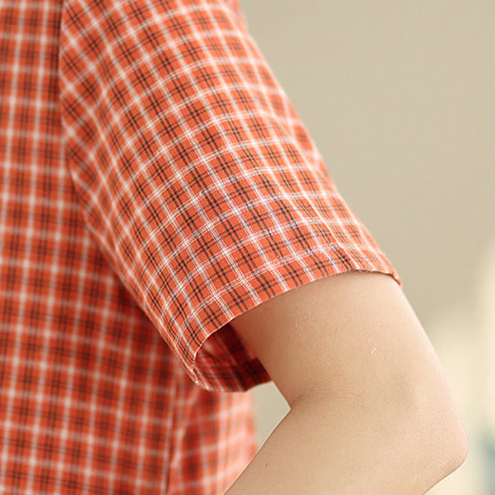 Abito midi in lino e cotone con tasche, a maniche corte, con scollo rotondo, tinta unita e motivo scozzese retrò Buddha Stones - image 5