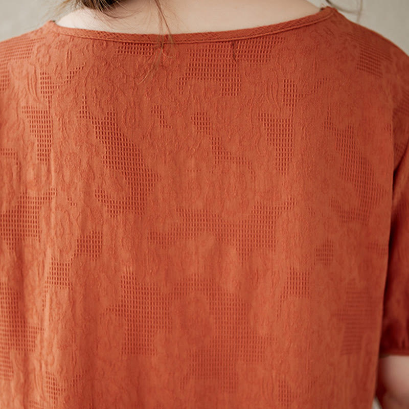 Abito midi in cotone e lino con maniche corte e sbuffo, casual, tinta unita, in jacquard, con scollo a giro Buddha Stones