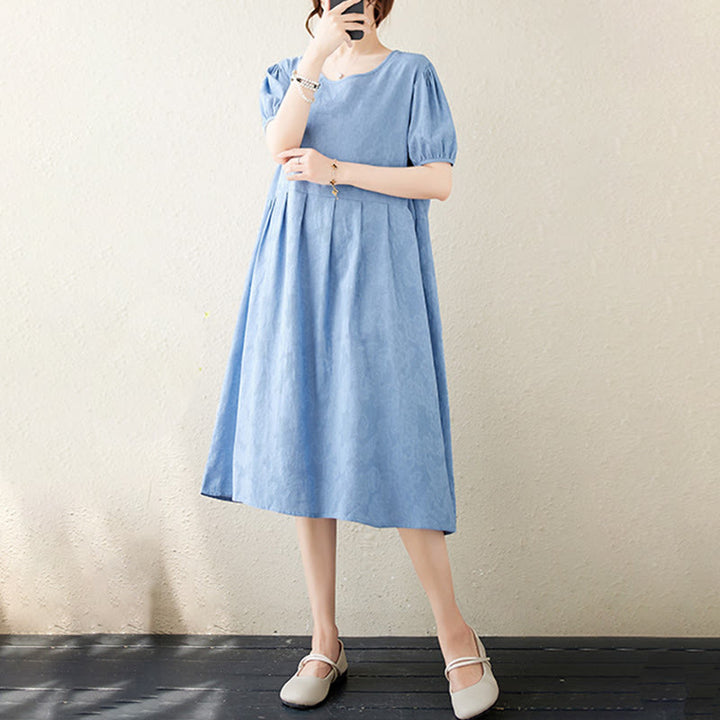 Abito midi in cotone e lino con maniche corte e sbuffo, casual, tinta unita, in jacquard, con scollo a giro Buddha Stones - image 20