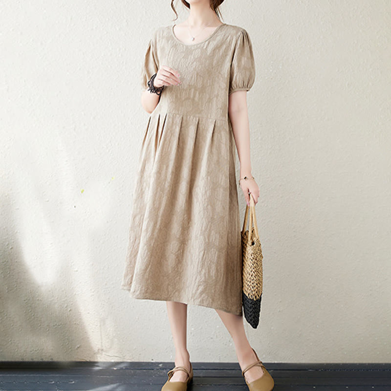 Abito midi in cotone e lino con maniche corte e sbuffo, casual, tinta unita, in jacquard, con scollo a giro Buddha Stones
