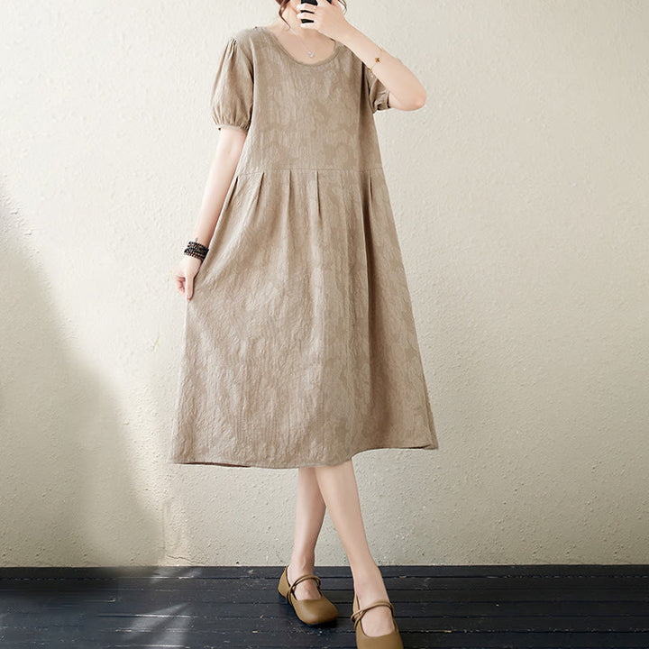 Abito midi in cotone e lino con maniche corte e sbuffo, casual, tinta unita, in jacquard, con scollo a giro Buddha Stones