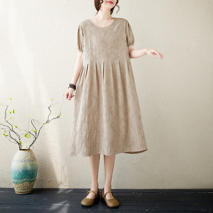 Abito midi in cotone e lino con maniche corte e sbuffo, casual, tinta unita, in jacquard, con scollo a giro Buddha Stones