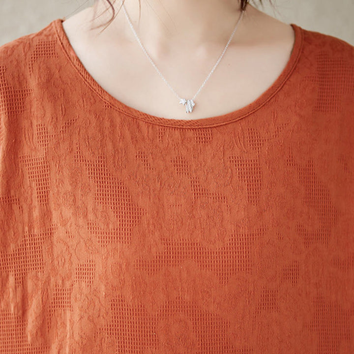 Abito midi in cotone e lino con maniche corte e sbuffo, casual, tinta unita, in jacquard, con scollo a giro Buddha Stones