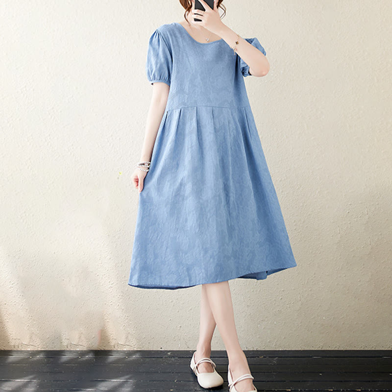 Abito midi in cotone e lino con maniche corte e sbuffo, casual, tinta unita, in jacquard, con scollo a giro Buddha Stones - image 19