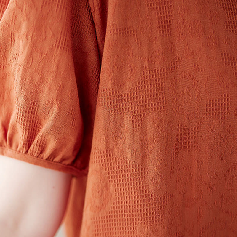 Abito midi in cotone e lino con maniche corte e sbuffo, casual, tinta unita, in jacquard, con scollo a giro Buddha Stones