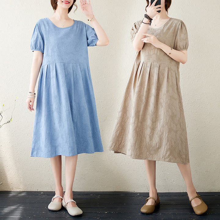 Abito midi in cotone e lino con maniche corte e sbuffo, casual, tinta unita, in jacquard, con scollo a giro Buddha Stones - image 24