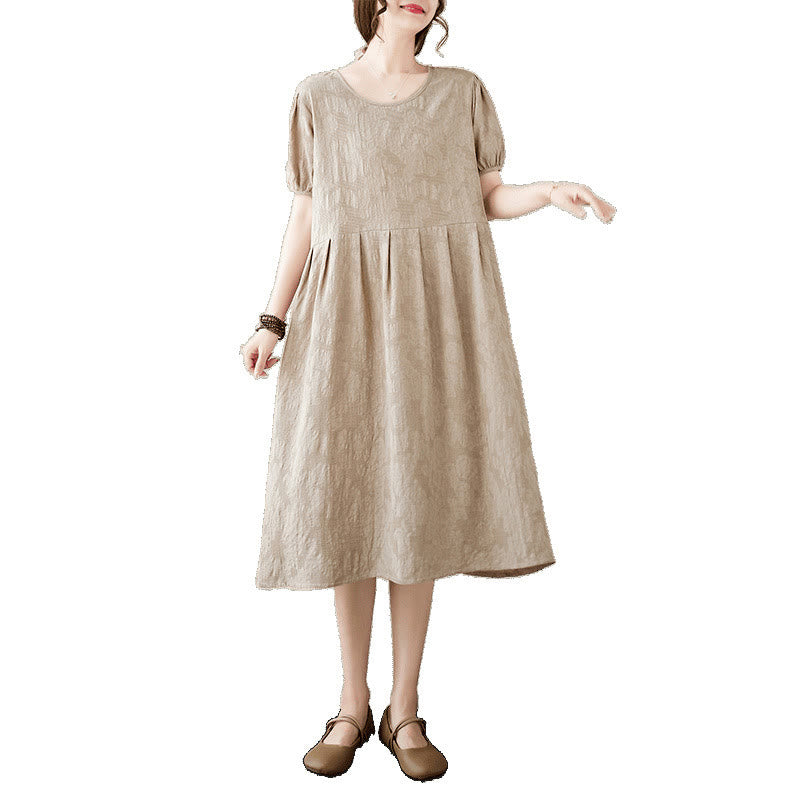Abito midi in cotone e lino con maniche corte e sbuffo, casual, tinta unita, in jacquard, con scollo a giro Buddha Stones