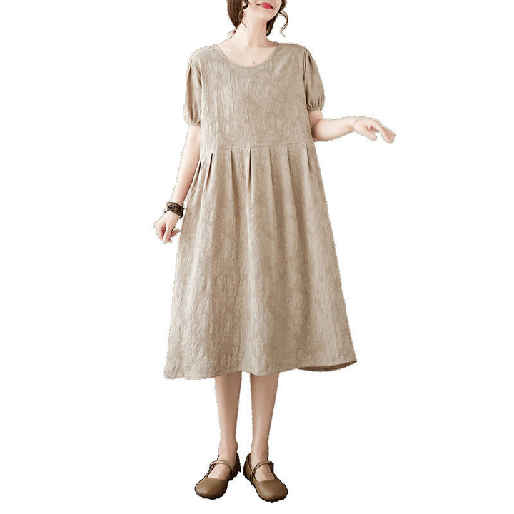 Abito midi in cotone e lino con maniche corte e sbuffo, casual, tinta unita, in jacquard, con scollo a giro Buddha Stones
